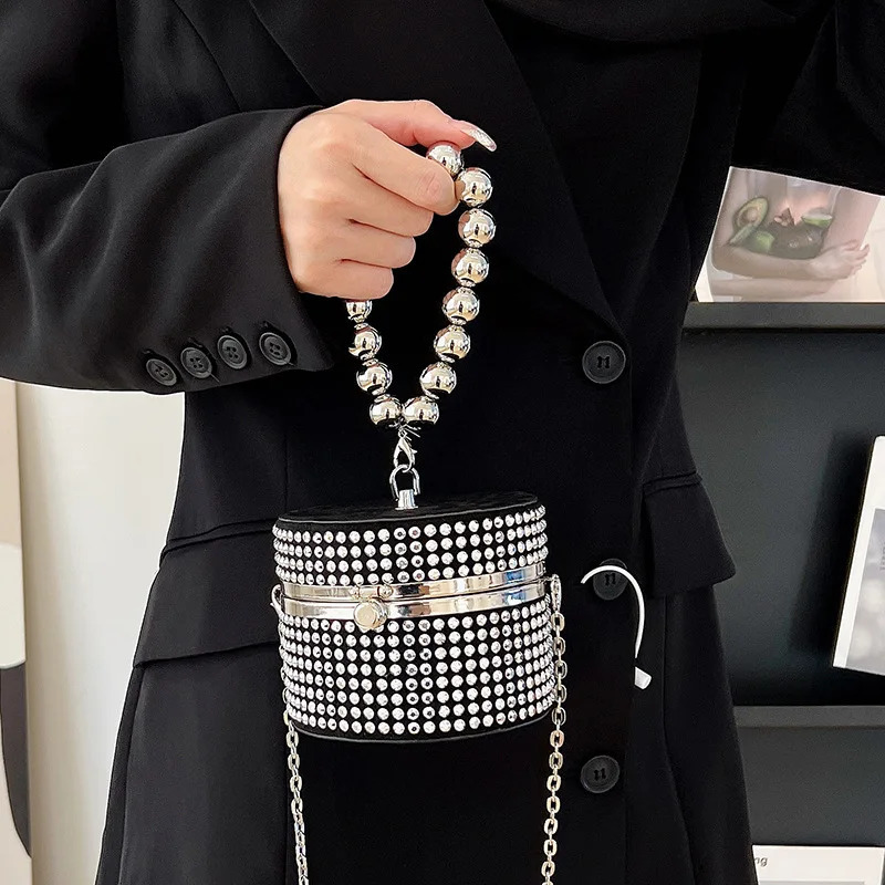 Womens black silver rivet circular clutch bag womens chain messenger bag 241031