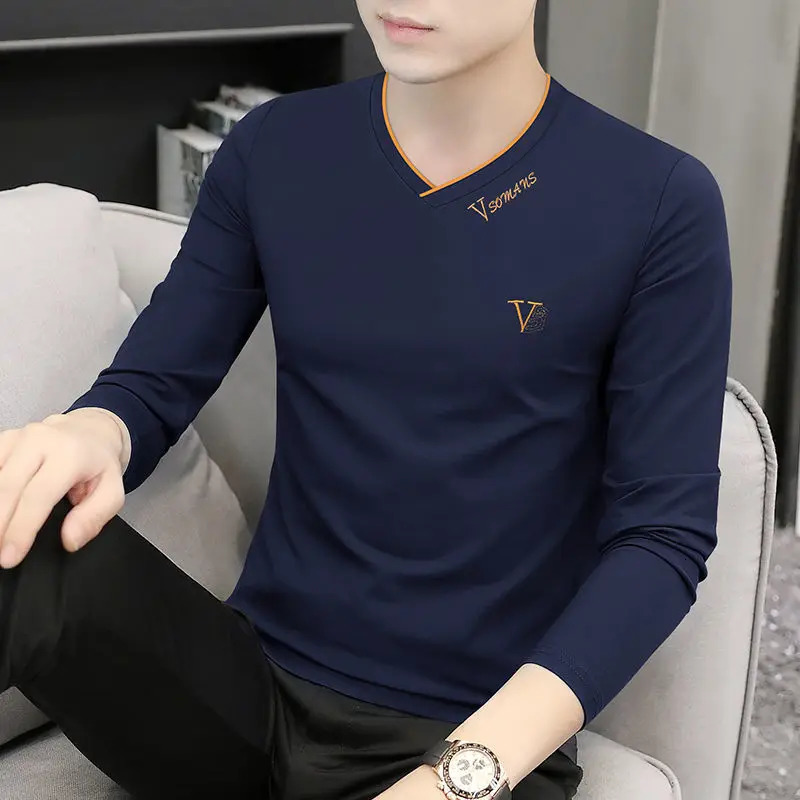 Korean Fashion Elegant Autumn T-shirt Men Loose Casual Sports Chic Solid Color Tee Y2K Hipster Street Casual Top Male Clothes 240321