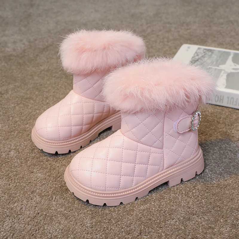 Girls leather shoes warm plush solid color childrens short boots Rhine stone anti slip childrens fashion boots fully matched anti slip M241102
