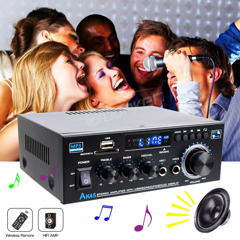 Woopker HiFi Audio Amplifier AK45 Bluetooth Digital MP3 Amplifiers FM Bass Speaker for Home Car Supports 90-240V Input