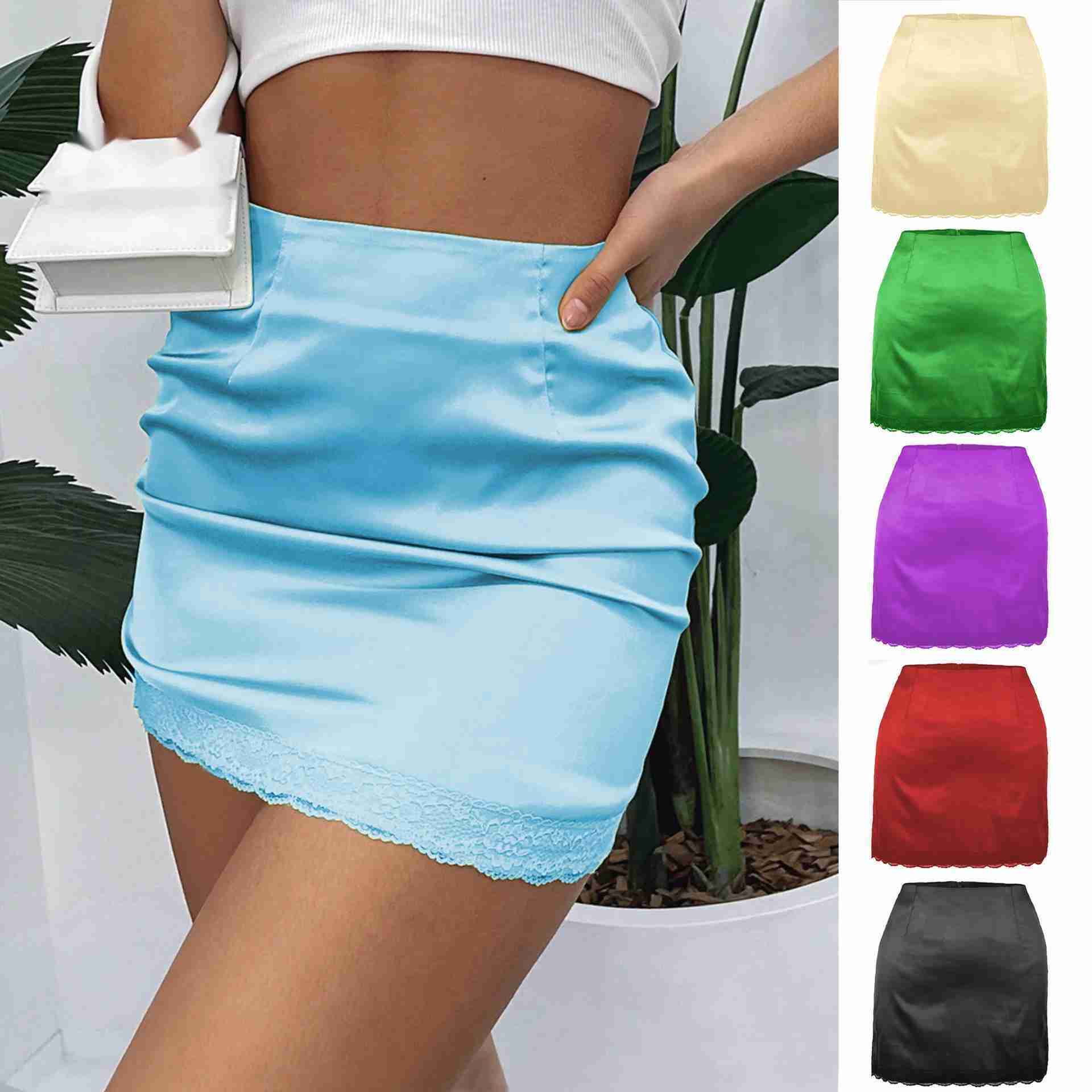 Women Vintage Wrap Hip Skirt WoMens High Waist Solid Color Skirt WoMens Spring And Summer Elastic Satin Length Adult Skirts Lace Sexy Slim Skirt 24102