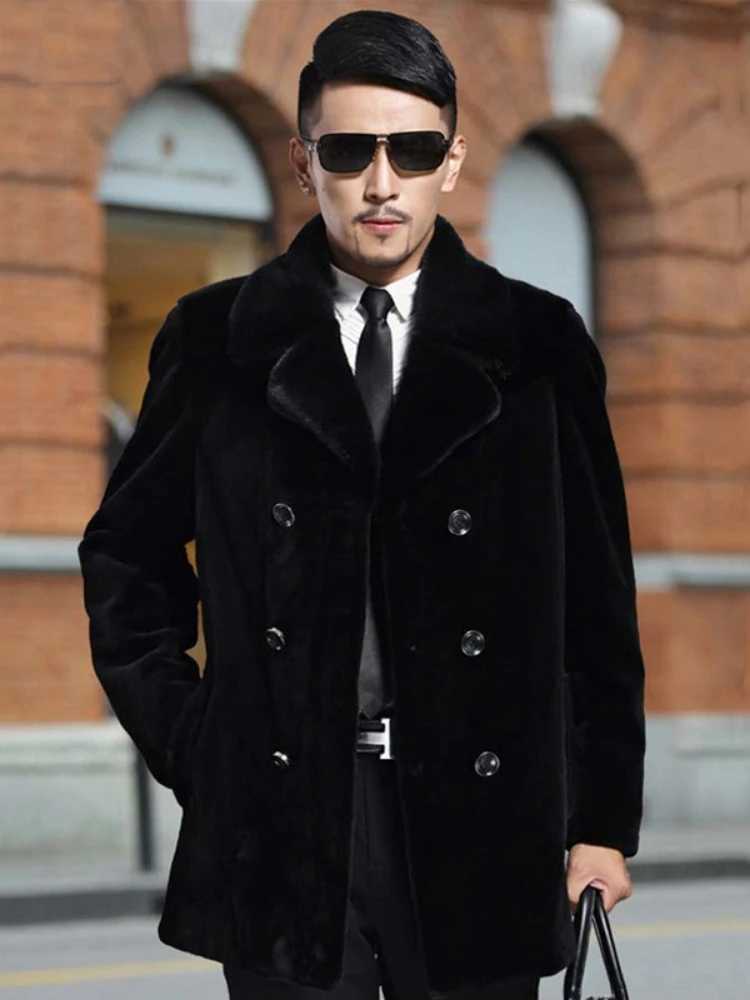 Winter Faux Fur Coat Men Thick Warm Windbreaker Long Sleeve Double-breasted Suit Collar Fur Coat Plus Size Slim Fit JacketXJ241102