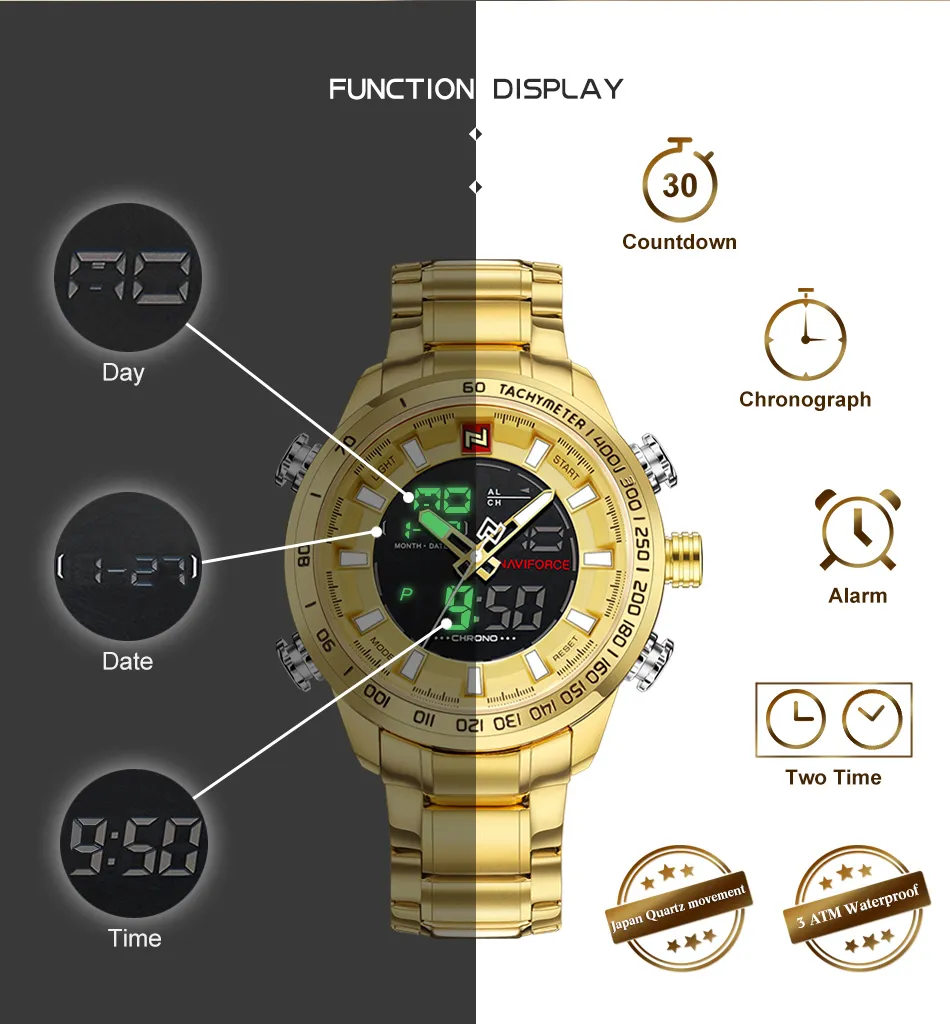 NAVIFORCE Brand Mens Sport Watch new Gold Quartz Led Clock Men Waterproof Wrist 2025 Watch Male Watches Relogio Masculino