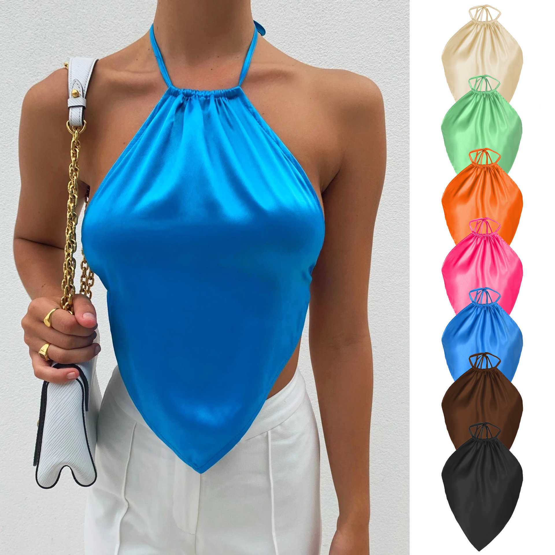 Womens Tshirt Sexy Hanging Neck Vest Spring And Summer Solid Color Belly Pocket Sling Womens Tanks Small WoMens Explosive 241024