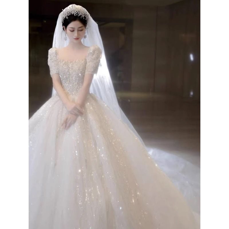2024 Sparkle Dresses Ball Gown Long Sleeve Tulle Boho Wedding glaring Vestido De Noiva Pearls Backless Bohemian Bride Plus Size Princess Bridal Gowns