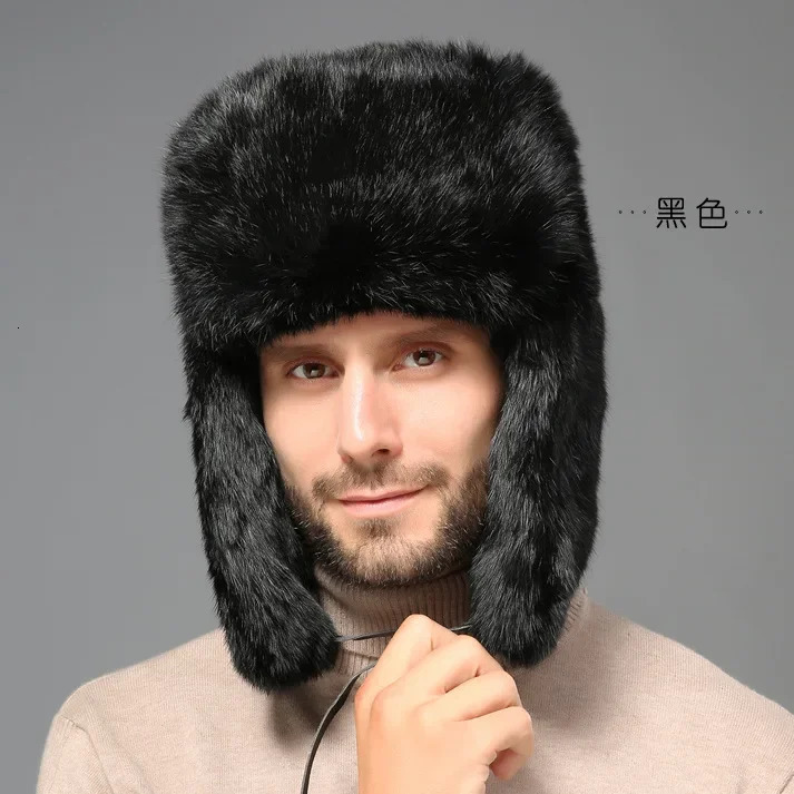 Winter Mens Immersion Artificial Silver Fox Fur Bomber Hat Raccoon Fur Ushanka Hat Hunter Russian Mens Snow Hat 241031