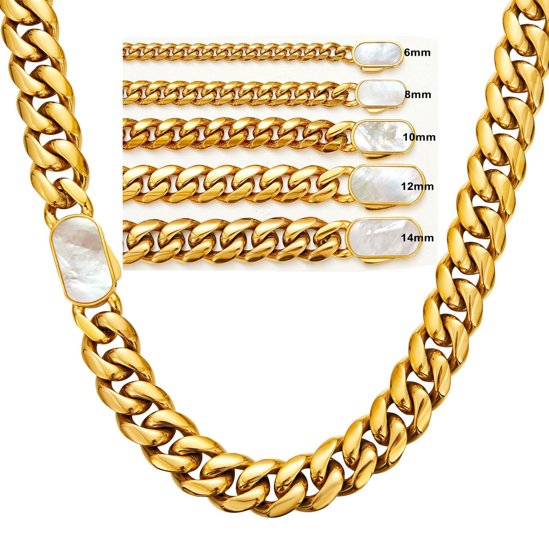 Stainless Steel Miami Cuban Chain Necklace Bracelet Shell Clasp 18K Gold Plated