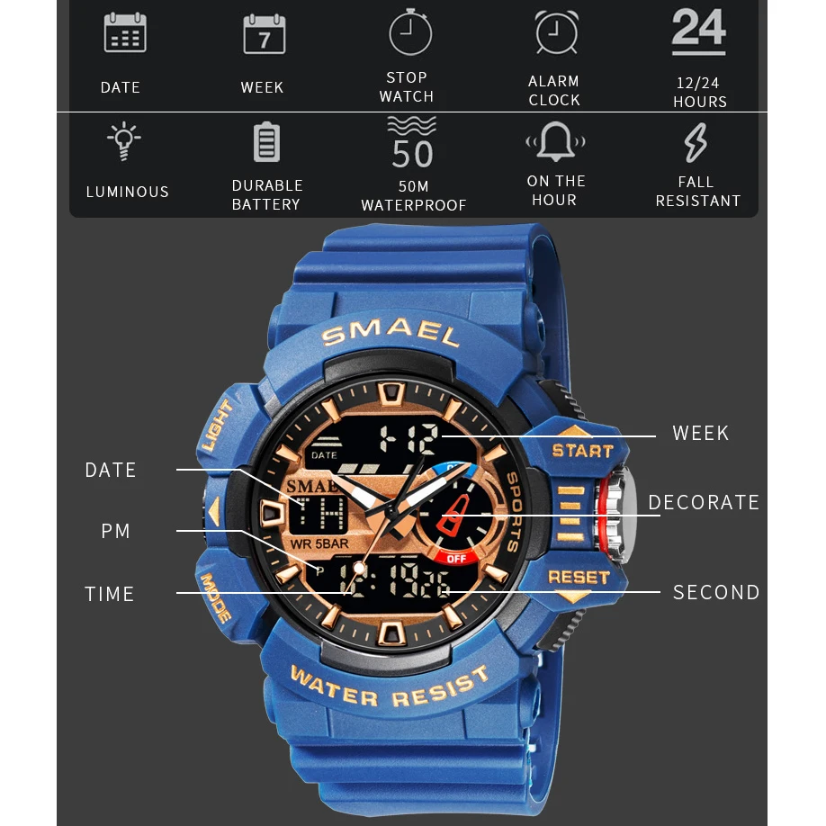 SMAEL Quartz Watch new for Men Waterproof Luminous Hands Dual Display Digital Wristwatch White Rubber Bracelet 2025 Sport Clock