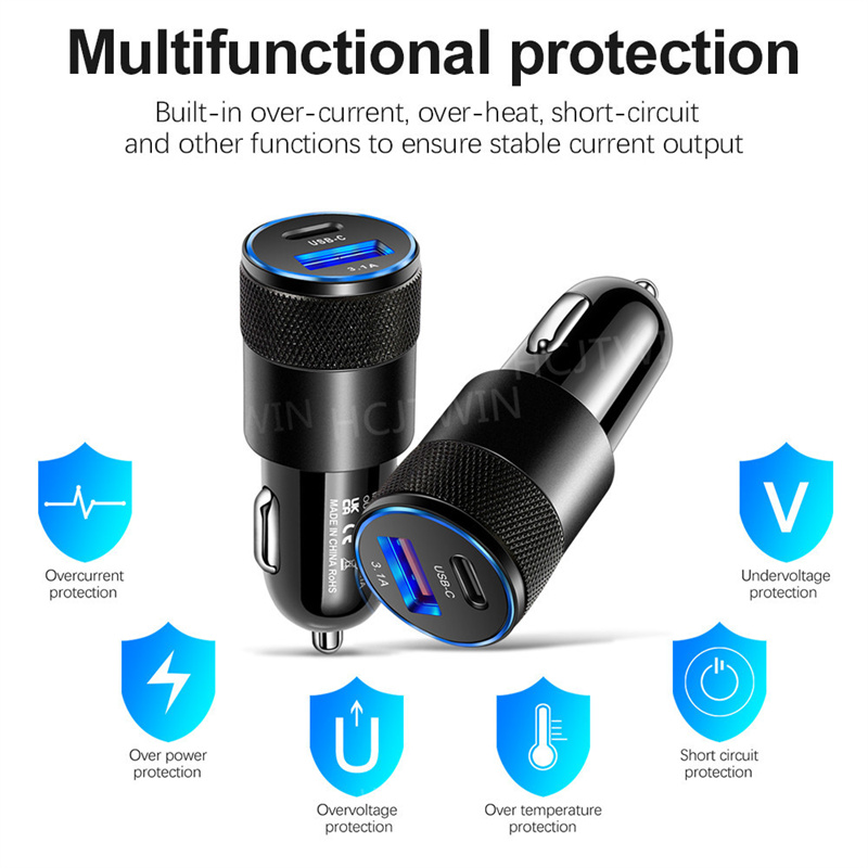 38W 3.1A PD Portable Car Charger Metal Dual 2-Port USB-A USB-C Output Fast Charging Car Adapter For iPhone 16 15 14 13 12 11 Pro Plus Xiaomi Samsung S