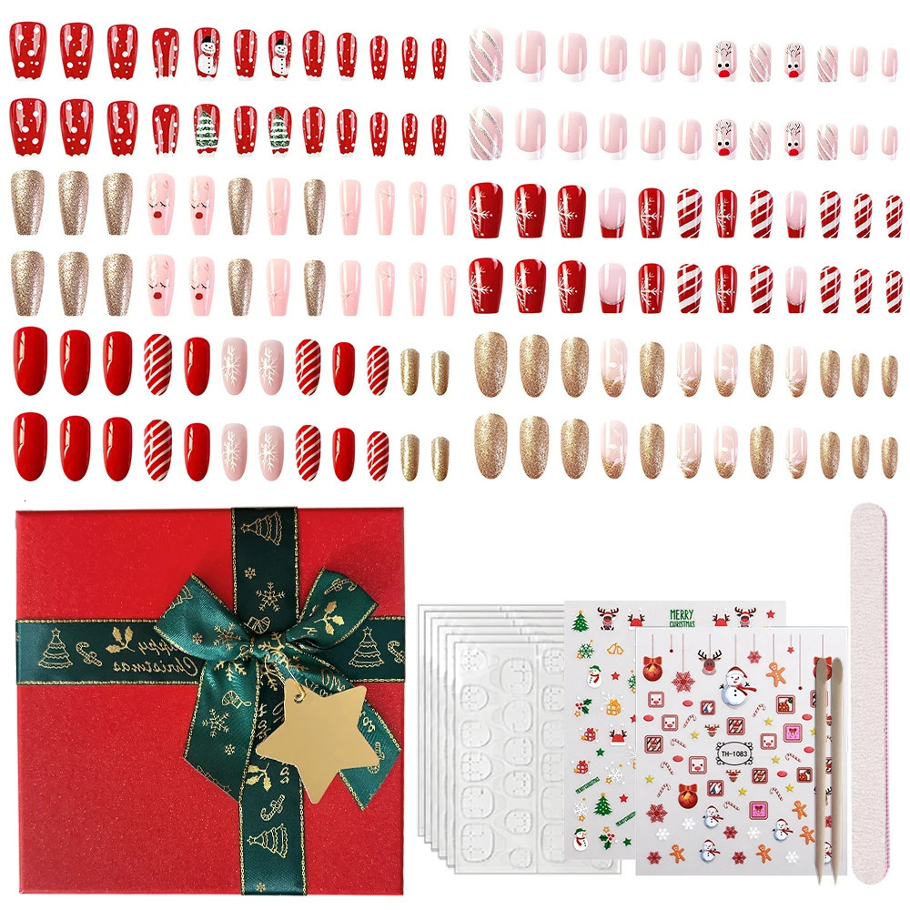 6 packs 144pcs of Christmas gifts for women pressed on nails Christmas fake nail decoration nail tips acrylic fake nails girls gift 241031