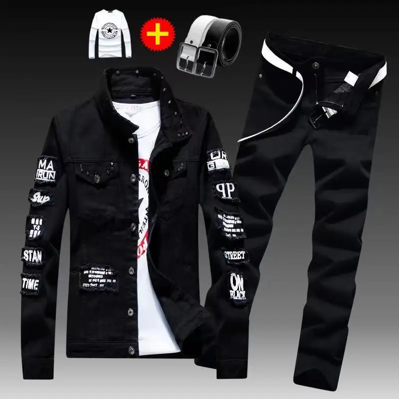 Spring and autumn mens denim jacketdenim pants set fashionable single corset mens two-piece denim set 241030