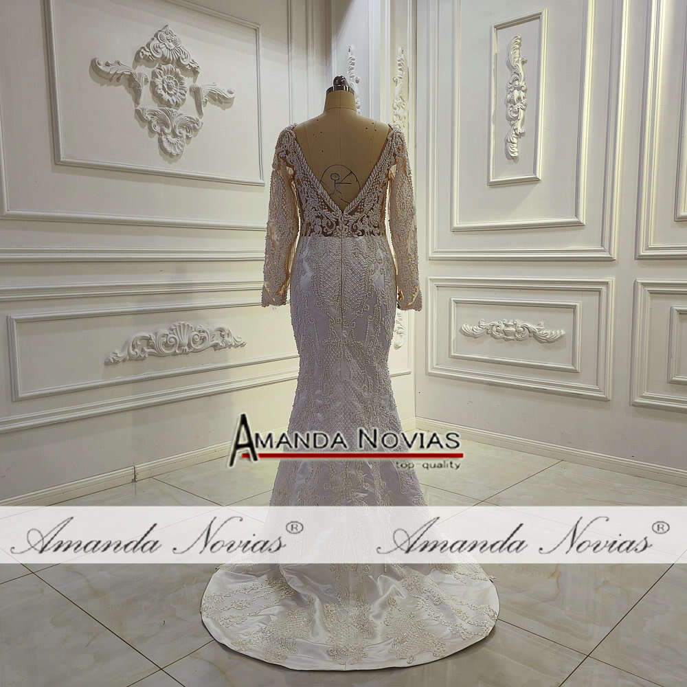 Neck V Long Sleeve Beautiful Satin Lace Wedding Dress