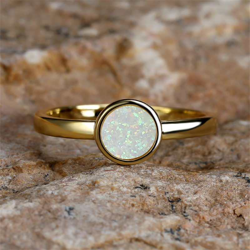 Female Male Single Round Stone Ring Gold Color White Fire Opal Rings For Women Men Wedding Bands Minimalist Thin Ring Jewelry