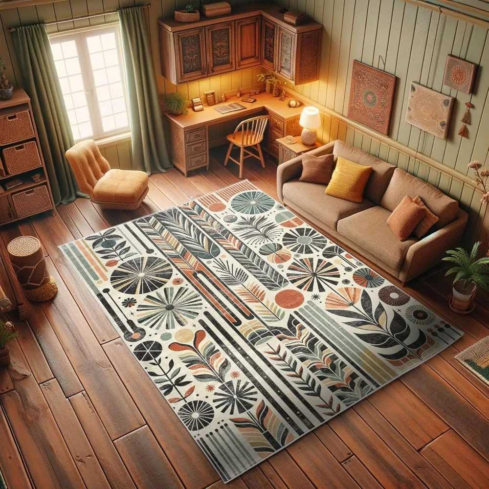 Retro Mid Century Inspired Abstract Patterns on Ivory Background Quality Carpet for BedroomXJ241101