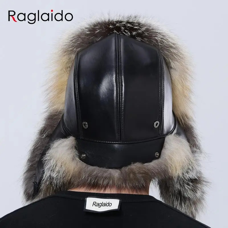 Mens Winter Hat Natural Fluffy Raccoon Fur Warm Adjustable High Quality Sheepskin Bomber Ushaca Fashion Hunting Hat 241031