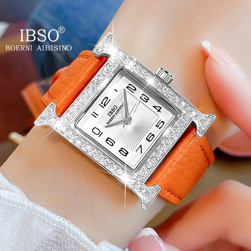 IBSO new 2023 New Women Rectangle Watches Japanese Quartz Movement Ultra-Thin 2025 3ATM Waterproof Full Dia Genuine Leather