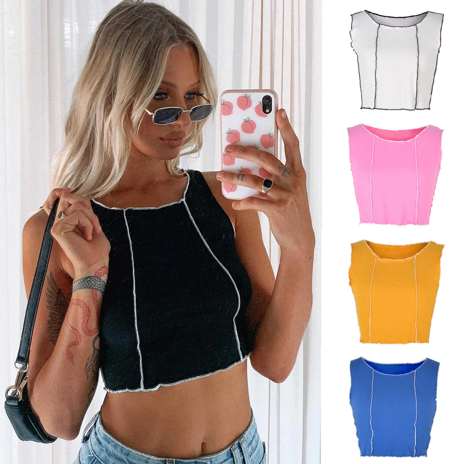 Womens Tshirt Summer Contrast Ladies Shirts Stitching Womens Vest Waistcoat Fashion Round Neck Open Navel Slim Girl 241024