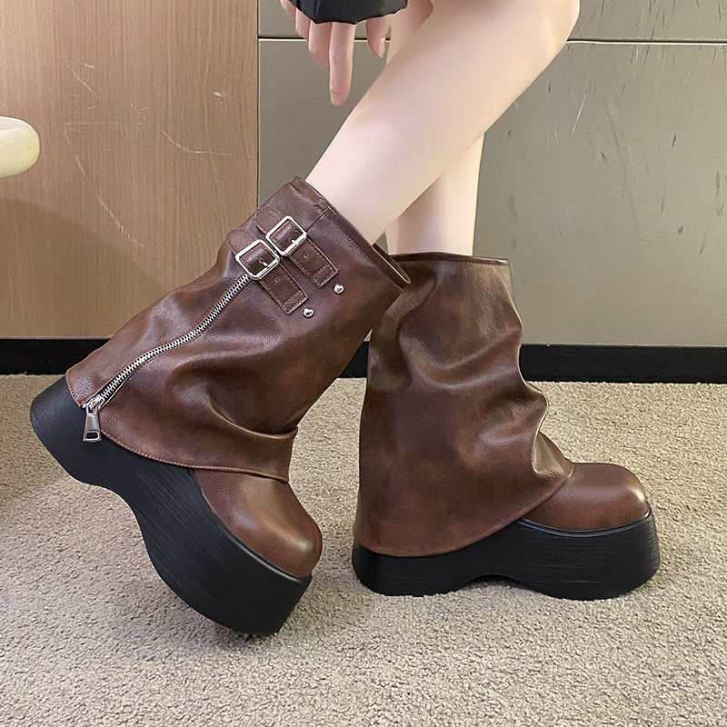 Soft Leather Ankle Mid Calf Winter Autumn High Platform Wedge British Booties Woman New Ladies Chunky Motorcycle Boots 9Cm