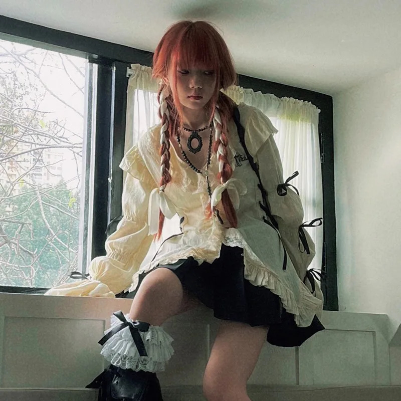 Karrram Y2k Aesthetics Lace Shirt Grunge Gothic Irregular Blouses Fairy Harajuku Bandage Shirt Vintage Lolita Clothes Mall Goth 240321