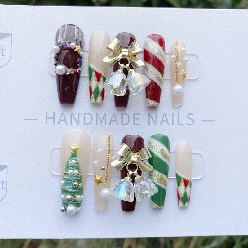 Christmas Double Color Medium length T-shaped Fake Nail Snowflake Gemstone Inlaid Fake Nail Art Reusable Easy to Disassemble 241031