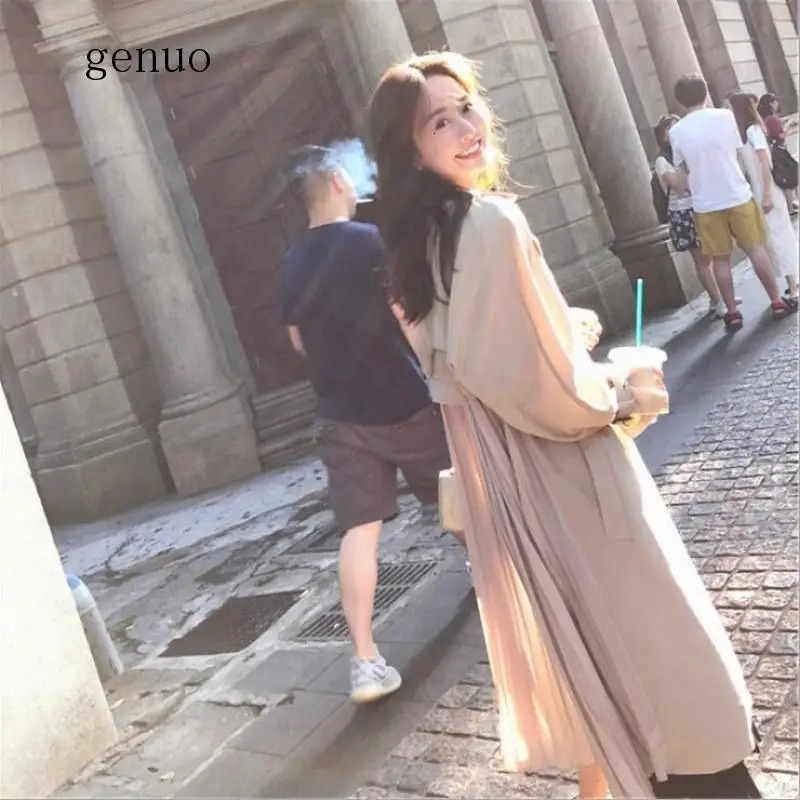 Womens spring Korean fashion pleated trench coat long sleeved knee length windproof coat loose thin Abrigo Mujer 241031