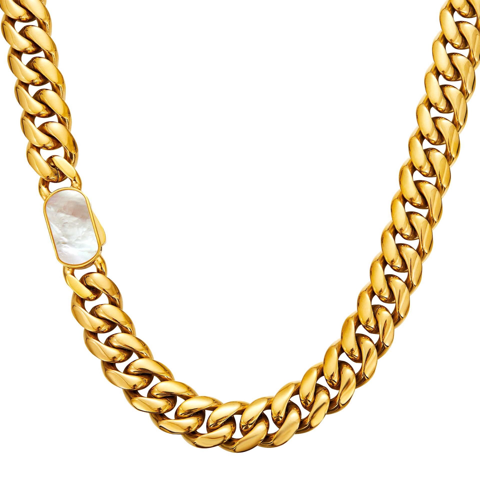 Stainless Steel Miami Cuban Chain Necklace Bracelet Shell Clasp 18K Gold Plated