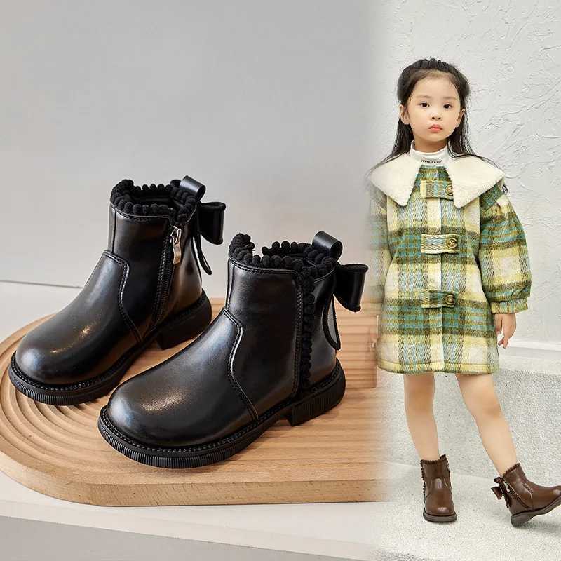 Womens short boots with warm cotton childrens ankle boots soft sole new womens princess leather boots with rear bow knot and side zipper M241102