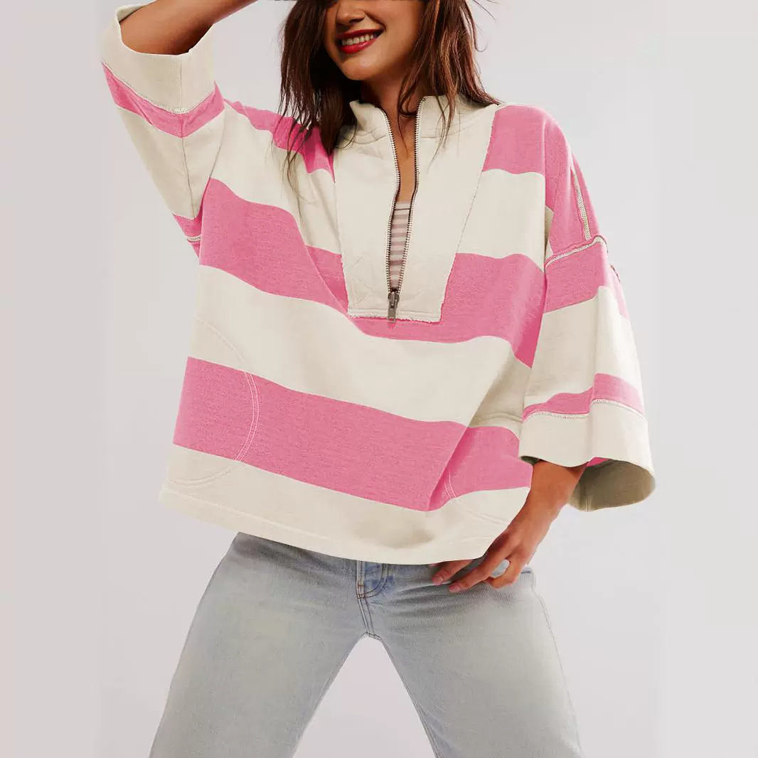hoodies women selling striped half zipper european and american hoodie women's spring autumn color contrasting knitwear loose trendy brand sports