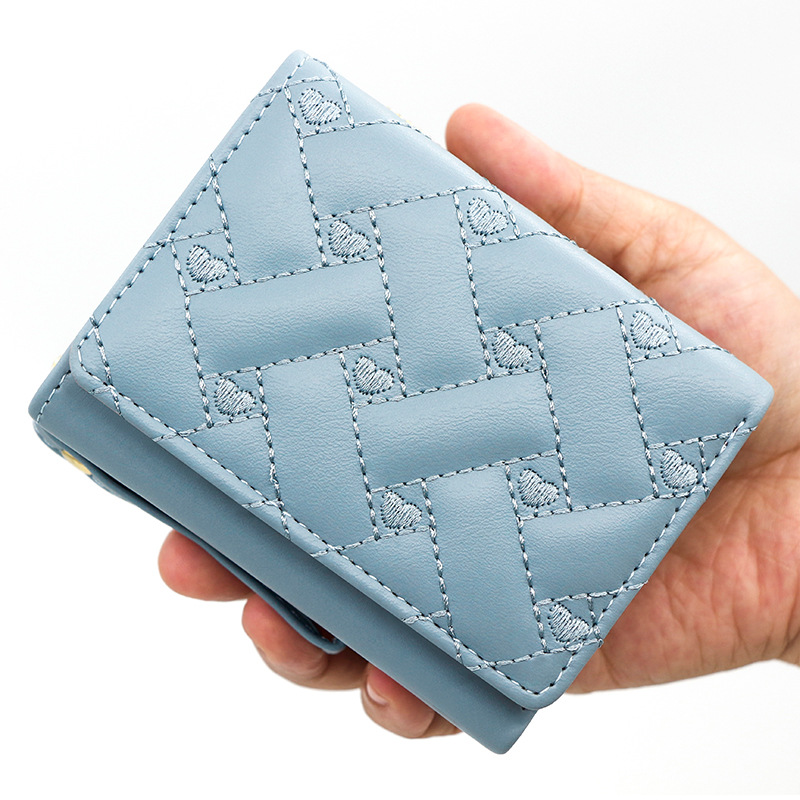 Women's Wallet Tri Fold Card Bag PU Multi Coin Money Pocket Short Fashion Embroidered Love Pattern Korean Money Purse for Girl