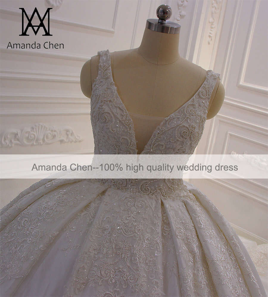 Longue Robe Cap Sleeve Low Cut V Neck Lace Applique Backless Wedding Dress