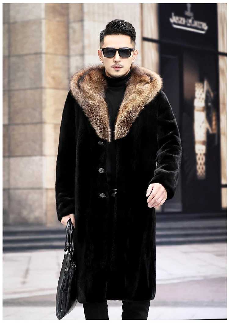Mens long fur coat Winter warm mink coat fox fur collar hooded jacketXJ241102
