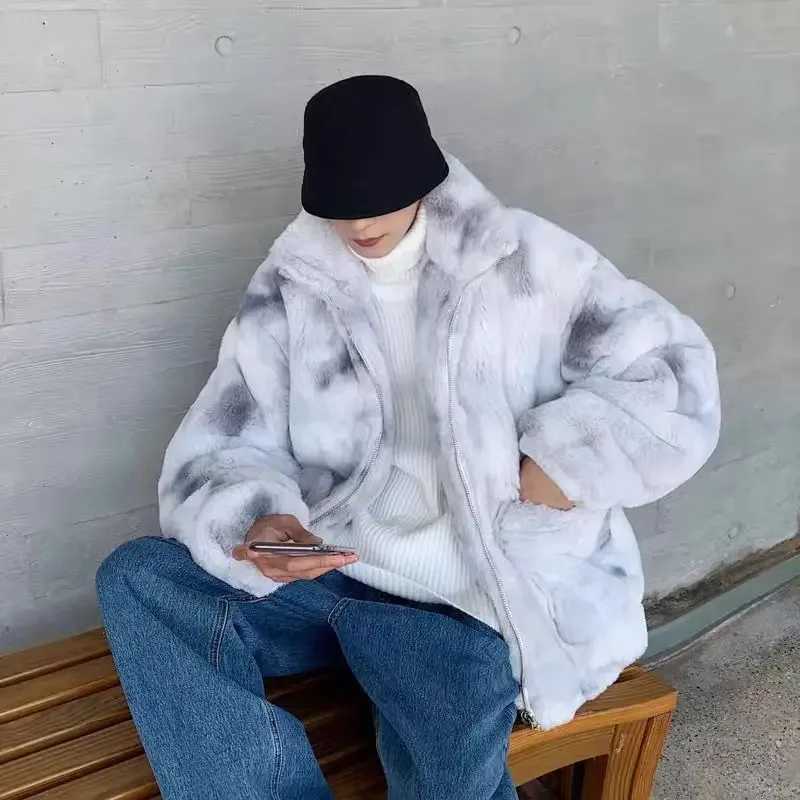 New Winter Tie-dye Lambswool Jacket Men Rabbit Hair Stand-up Collar Plus Size Loose Thickened Warm Men and Women Cotton ClothingXJ241102