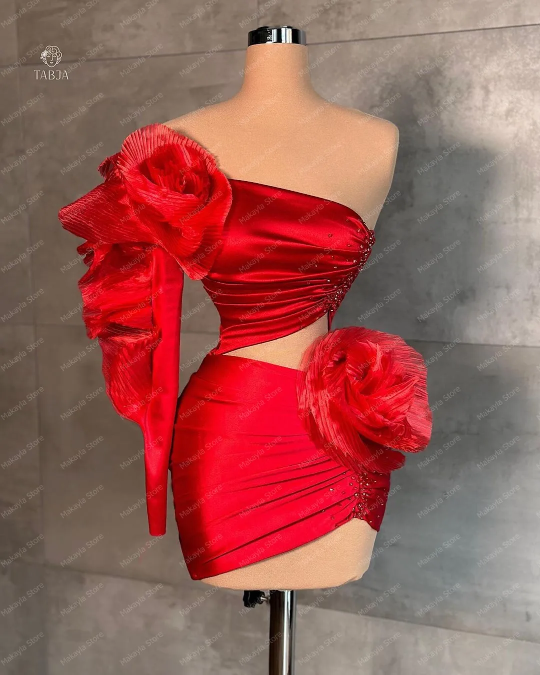 Red Short Floral 2025 Evening Dresses One Shoulder Long new Sleeves Ruffles Mini Length Mini Length Satin Prom Dressing Gown