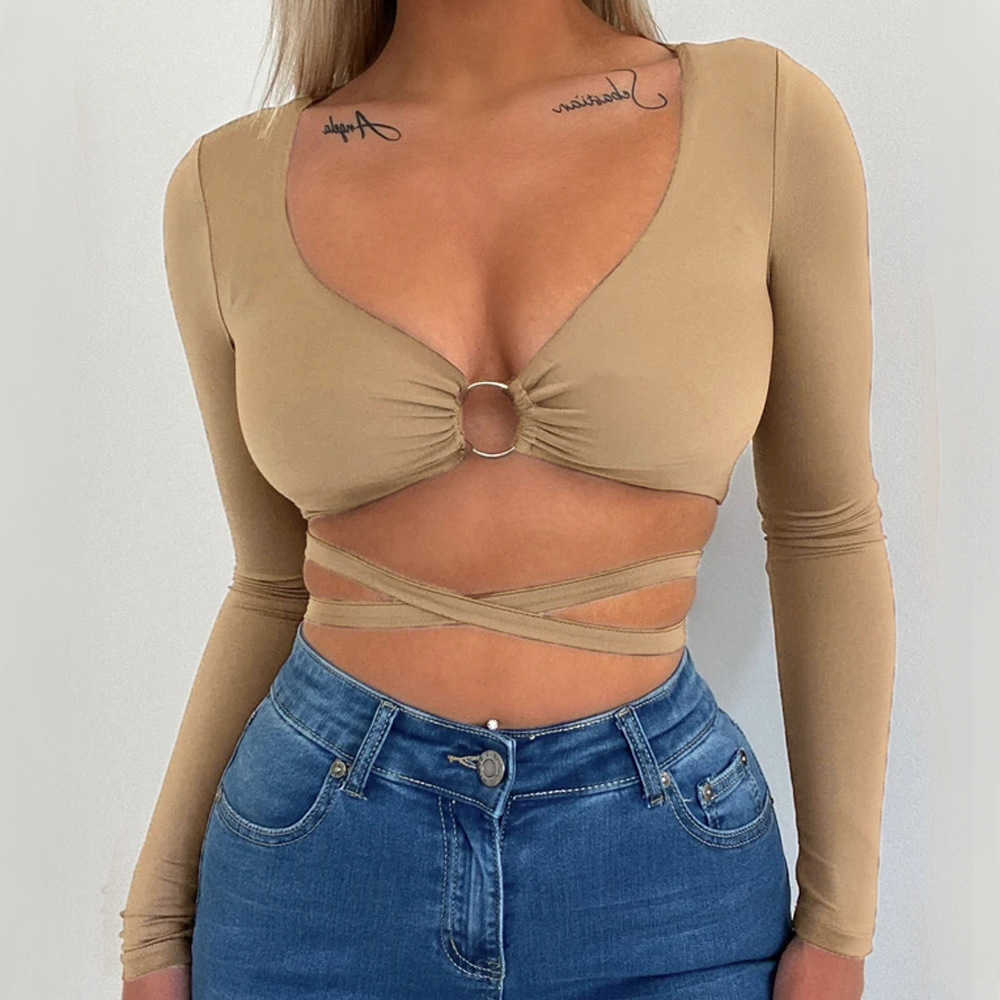 Womens Tshirt Summer Sexy Navel Revealing Womens Knits Slim Fit Solid Color Versatile Bandage Hollowed Out V-neck Long Sleeve T-shirt WoMens 241024