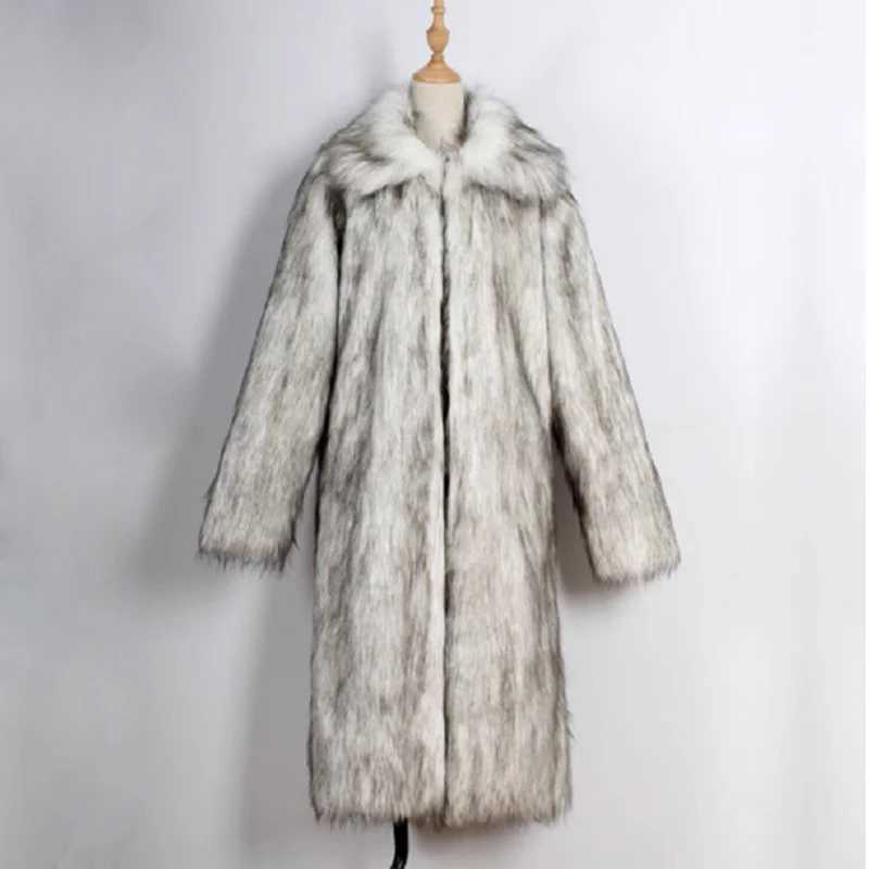 Mens new winter fur coat imitation fox fur large size long warm casual wool trench coatXJ241102