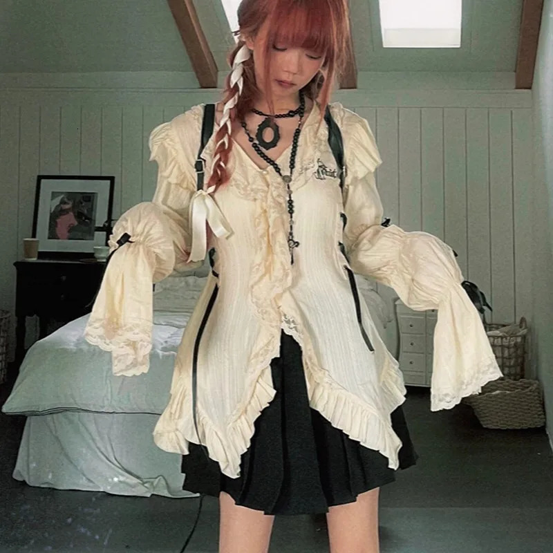 Karrram Y2k Aesthetics Lace Shirt Grunge Gothic Irregular Blouses Fairy Harajuku Bandage Shirt Vintage Lolita Clothes Mall Goth 240321