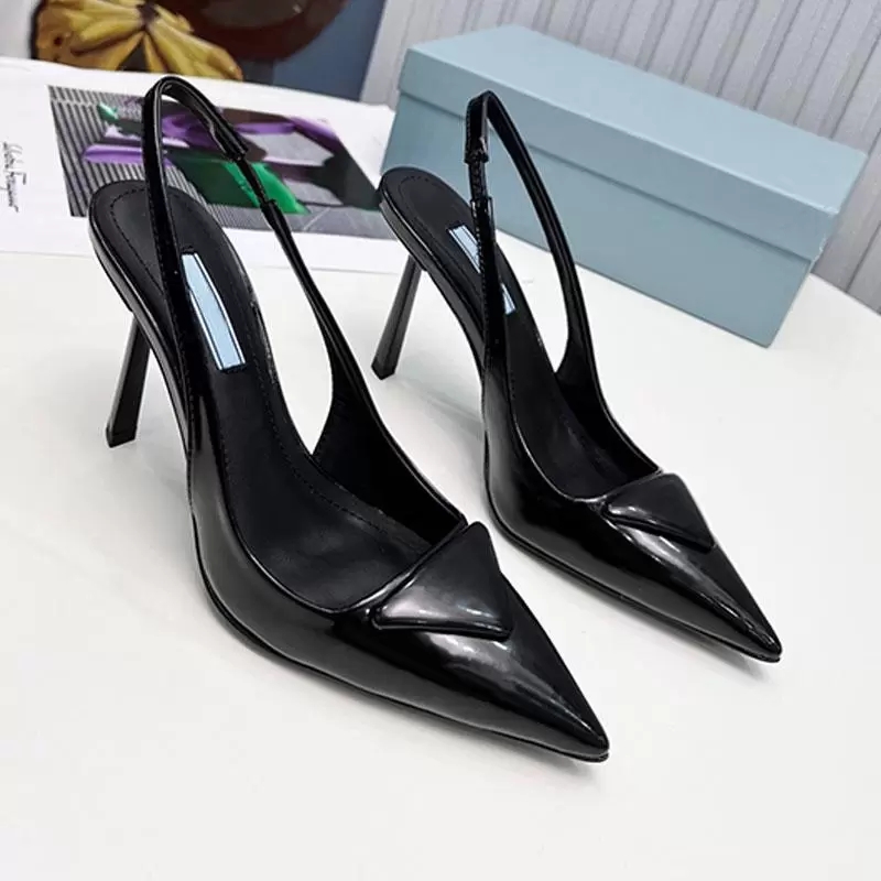 Designer Heels Slingback Luxury Sandal for women Low Heel Brands Dress Shoes Black Brushed Leather Pumps Nude White Patent Leathers Size EUR 35-4