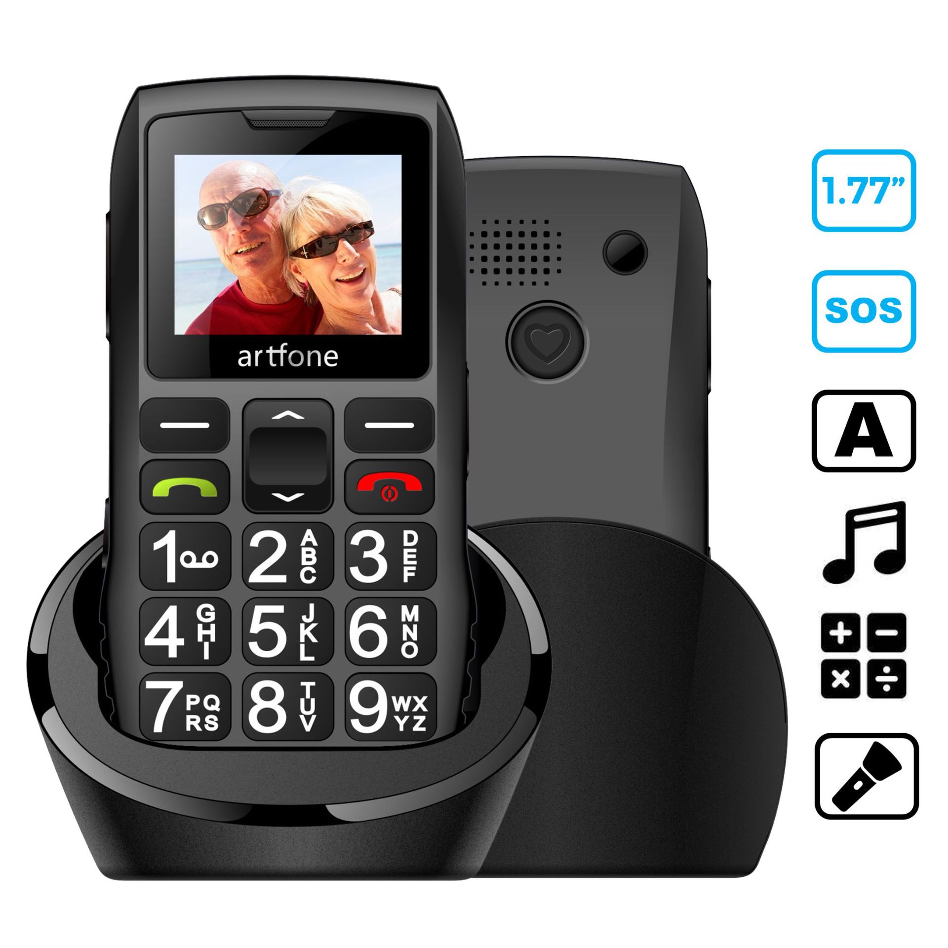 Artfone C1+ Bar Senior Mobile Phone With Free Charging Dock Big Rubber Keypad For Elderly Dual Sim One Key SOS FM 1400mAh Cell