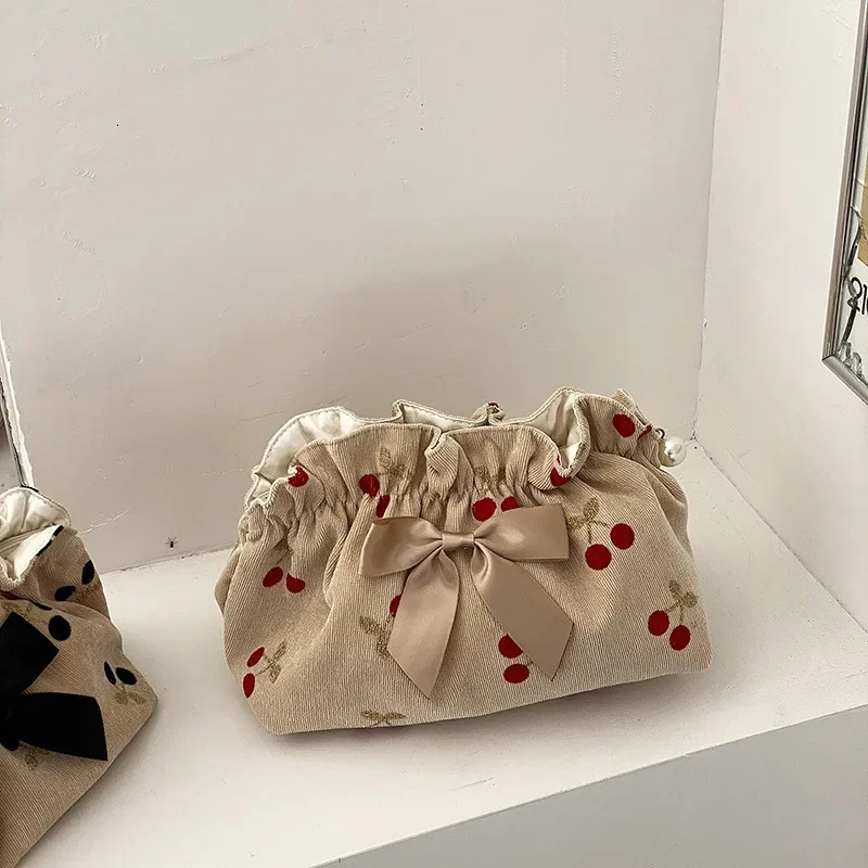 Soft Corduroy cherry cosmetic bag suitable for female organizers large capacity cosmetic lipstick bag female travel storage bag makeup Sac 241031