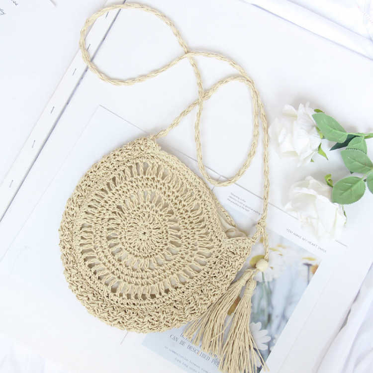 Shoulder Bags Handmade Rope Woven Round Tassel Messenger Woven Designer Bag Flower And Grass Woven Bag WoMens Bag Beach Bag 241015