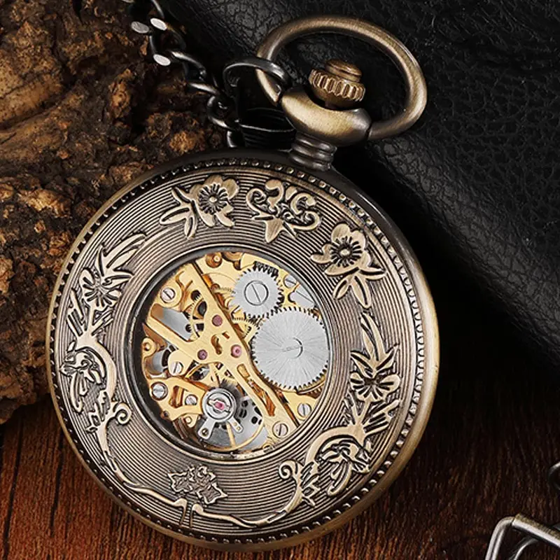 Vintage Wood Circel Gear Dial Bronze Antique Old Mechanical Pocket Watch Men Engraved new Fob Hand Wind Steampunk 2025 Male Gifts Clock