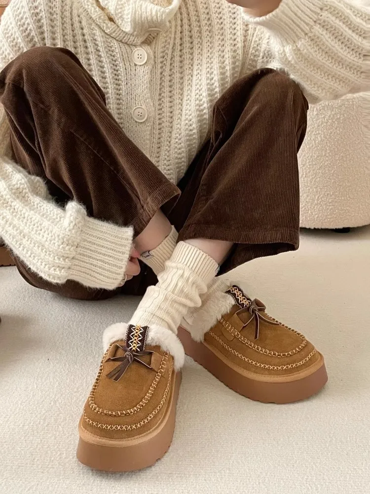 Women's Leather Shoes Cover Toe Ladies Slippers Med Platform Flock Fringe Flat Snow Boots Rome Fur Shearling Slides Rub