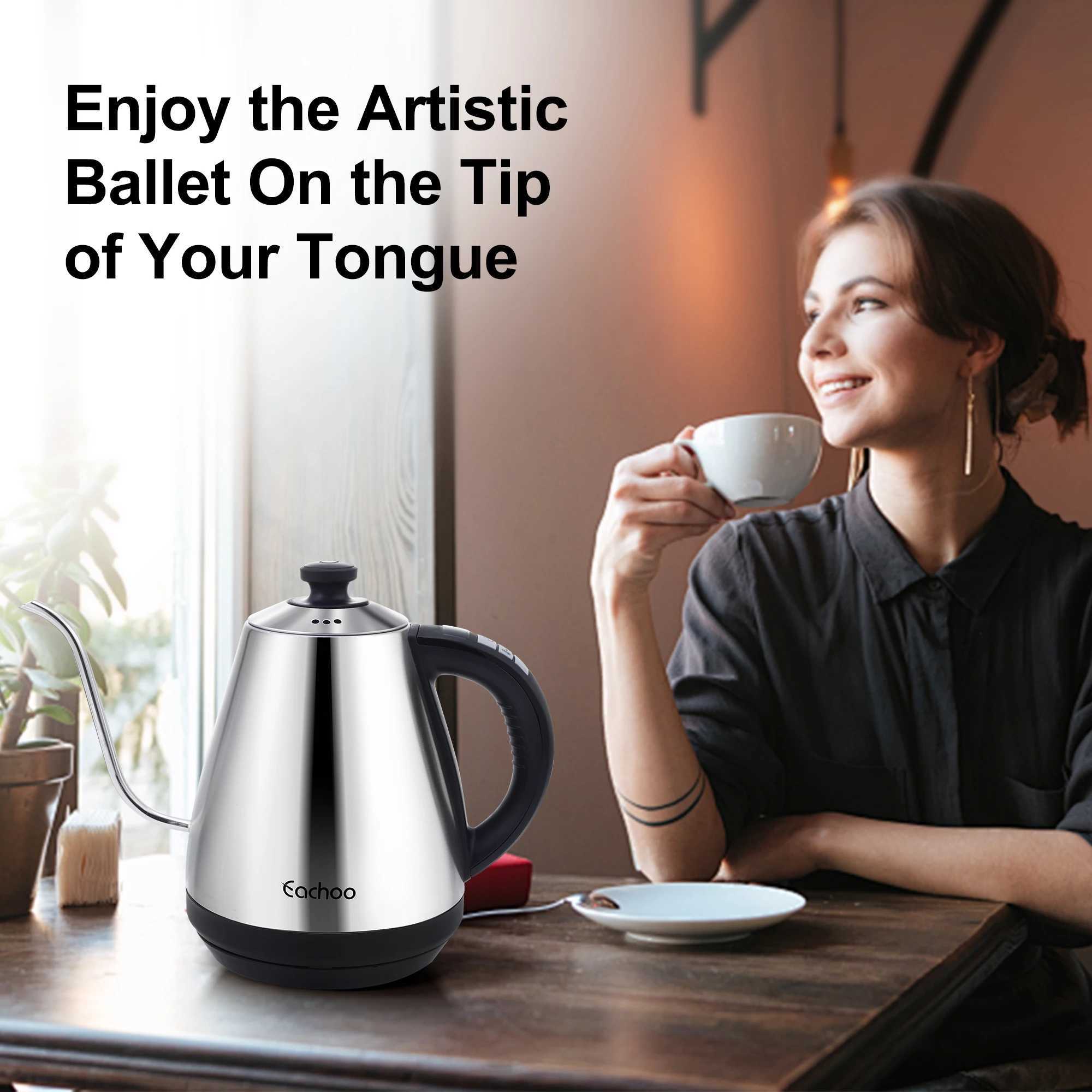 Stainless steel electric gooseneck kettle with coffee dropper poured onto the coffee pot temperature control LED display screen Y241102