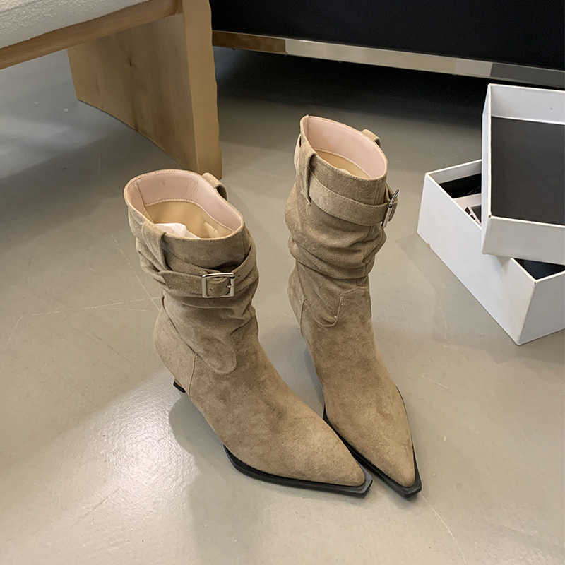 CMM Suede Pointed Pleated Stacking Boots for Women Autumn and Winter New High Heels Short Boots Thin Heels Western Cowboy Boots