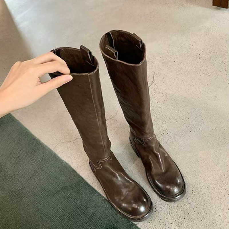 CMM Autumn and Winter New Washed Horseskin High Tube Slimming Mid Length Boots Thick Heel Thick Soled Knight Boots for Women