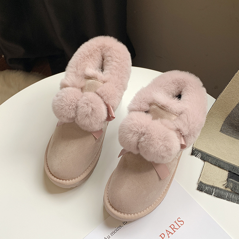 2025 Winter new warm snow boots women short hair ball plus veet bean non-slip bread burst cotton shoes girl Gift