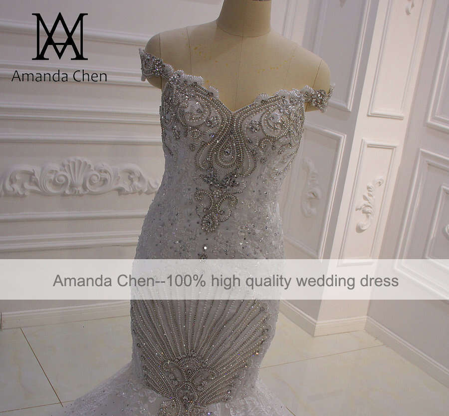 De Robe Mariage Off Shoulder Lace Appliqued Crystal Mermaid Detachable Train Wedding Dress tachable