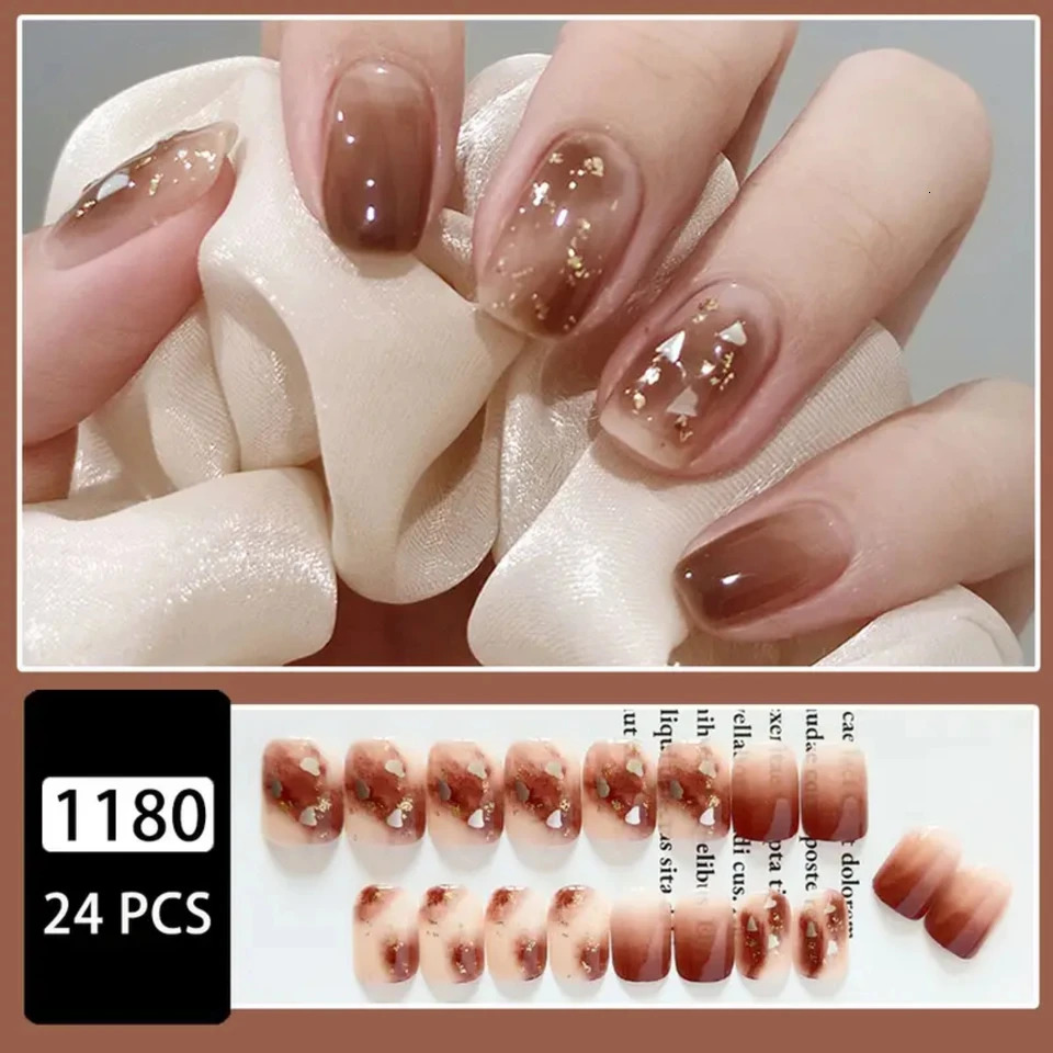 Stunning gold foil latte colored ergonomic patch with gorgeous dyed nail art n suitable for short fake nails perfect for fashion 241031