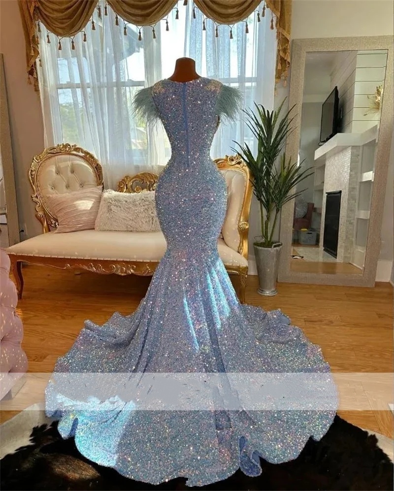 Long Dis Prom Dresses Mermaid Sparkly Rhies Crystals Feathers Sequins For Black Girls Birthday Party Gown
