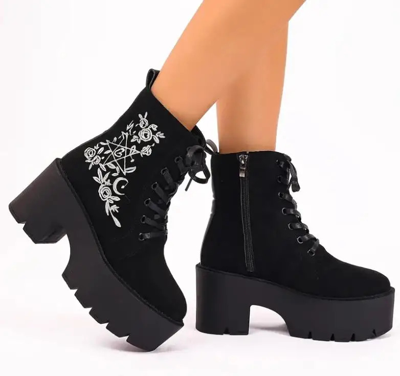 Women's Fashion Platform Ankle Ral Pattern Chunky Heeled Lace Up Combat Boots, All-Match Side Zipper Boots